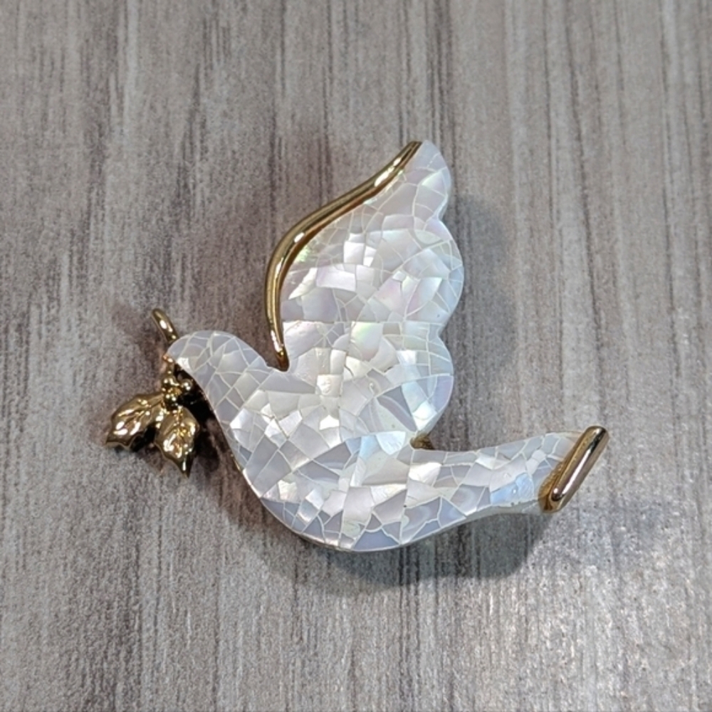 Vintage Liz Claibourne Dove Brooch with Holly Branch